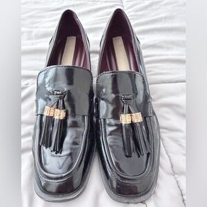 Franco Sarto Donna Black Patent Tassel Loafers with Gold Accent